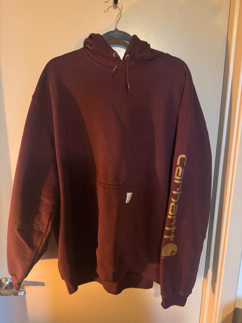 Carhartt Maroon Hoodie with Gold Logo on Sleeve